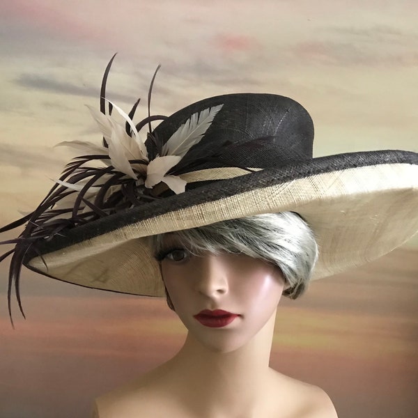 Beautiful brown and natural fibre occasion hat with feathered detail on brim summer / wedding / derby / garden party / formal
