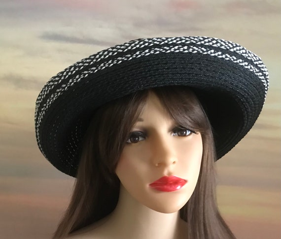 Vintage black and white natural fibre summer hat … - image 1