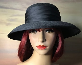Vintage black satin occasion hat with rosette detail by BHS vintage / wedding / classic / retro / summer / church / spring / funeral