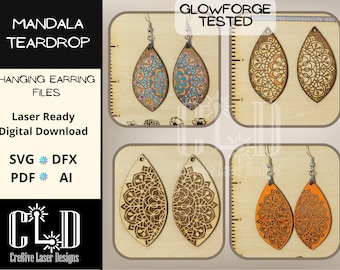 Mandala Teardrop Dangle Earrings laser ready file, Glowforge and Laser tested, Hanging Earrings, Wood Engraved, handmade jewelry