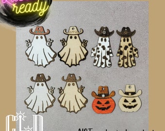Western Halloween hanging earrings laser ready file, Glowforge and Laser tested, Dangling, Wood, SVG File, Cowboy hat, ghosts, pumpkins