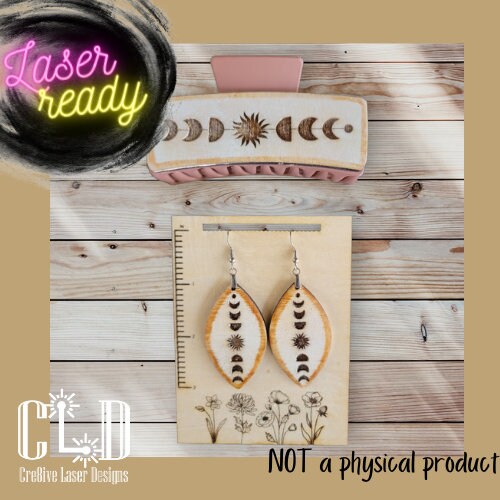 Trendy boho moon phases and sun pattern hanging earrings and matching hair clip design laser ready file, Glowforge ready SVG
