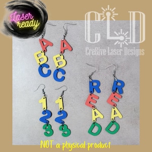 Back to school teacher ABC, 123, READ dangle earrings laser ready file, glowforge tested, super easy