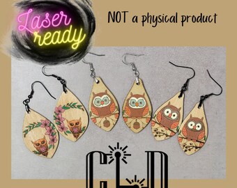 Cute whimsical owl dangle earrings laser ready file, GlowForge and Laser tested, Hanging Earrings, fall autumn, owl &quot;pooping&quot; acorn