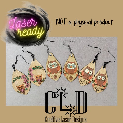 Cute whimsical owl dangle earrings laser ready file, GlowForge and Laser tested, Hanging Earrings, f