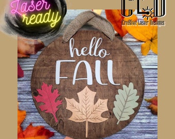 Hello fall autumn round fall porch door hanger sign ~ laser ready digital file ~ 3D layered sign ~ fall door hanger ~ fall porch sign svg