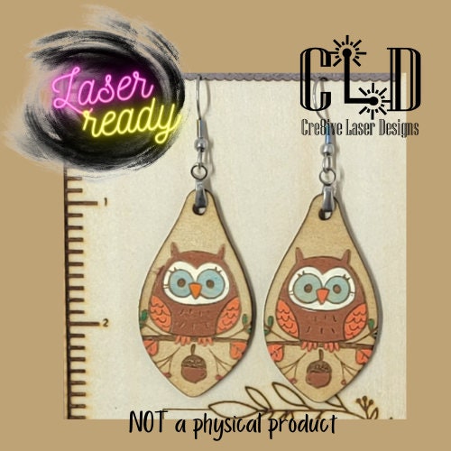 Cute whimsical owl dangle earrings laser ready file, GlowForge and Laser tested, Hanging Earrings, f