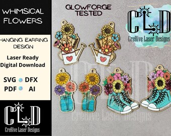 Whimsical spring  flowers dangle earrings laser ready file, Glowforge Laser tested, hanging pretty unique watering can, sneakers, mason jars