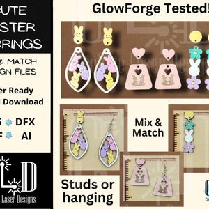 May include: A digital download of laser-ready SVG, DFX, PDF, and AI files for creating cute Easter bunny earrings. The designs include a variety of bunny shapes, colors, and styles, including a heart-shaped bunny, a bunny with a flower, and a bunny with a bow. The designs are perfect for creating unique and personalized earrings for yourself or as gifts.