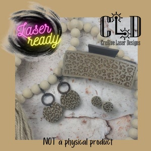 Trendy boho leopard print hanging earrings and matching hair clip design laser ready file, Glowforge ready SVG, PDF, DxF, AI