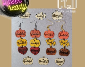 Grateful thankful blessed dangle earrings laser ready file, GlowForge and Laser tested, hanging pumpkins, leaves, pie, unique design