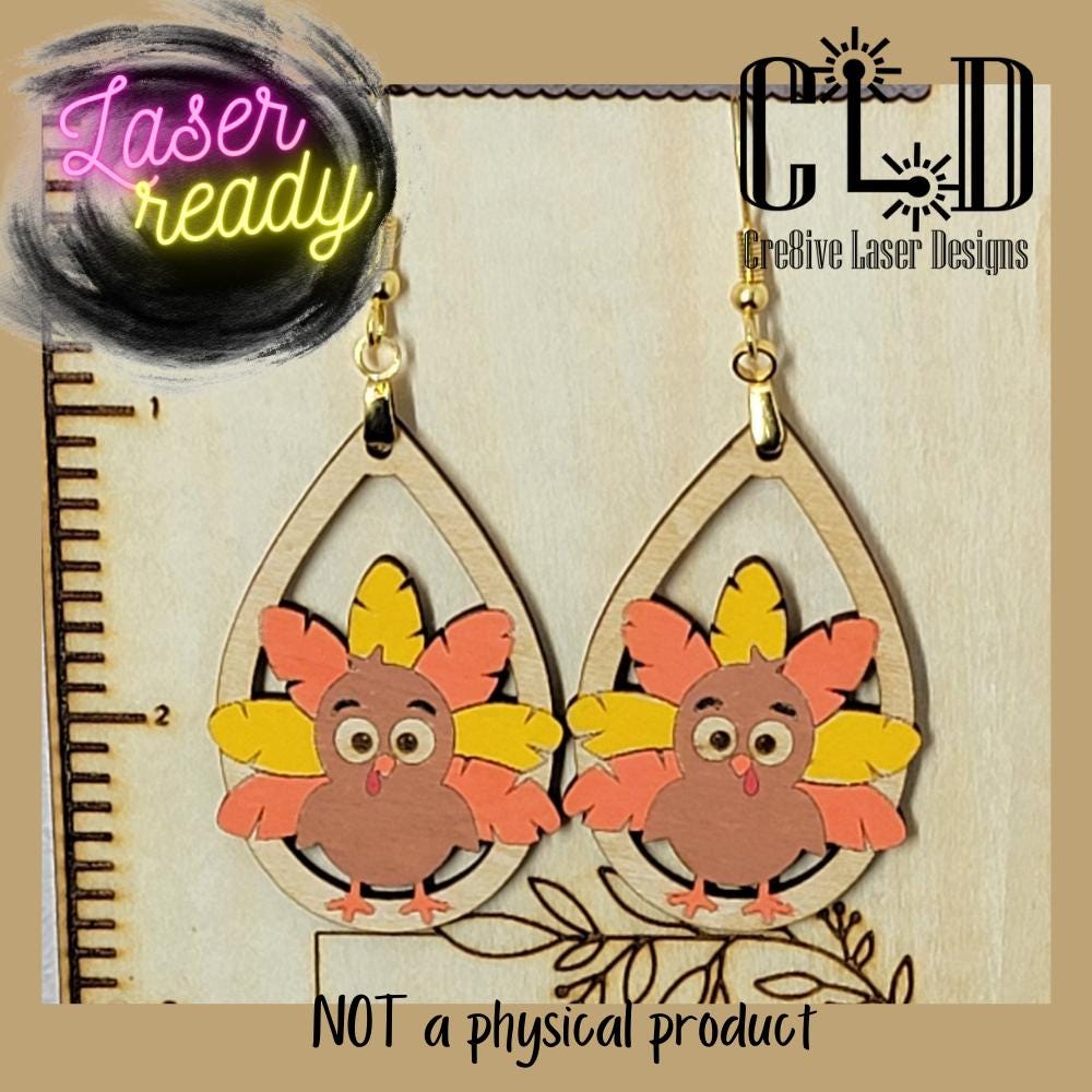 Cute whimsical Thanksgiving turkey dangle earrings laser ready file, GlowForge and Laser tested, Hanging Earrings, fall autumn