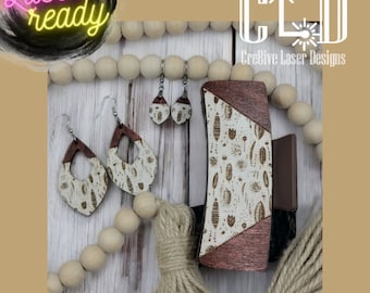Trendy boho leaves pattern hanging earrings and matching hair clip design laser ready file, Glowforge ready SVG