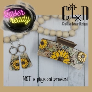 Trendy sunflower print hanging earrings and matching hair clip design laser ready file, Glowforge ready SVG, PDF, DxF, AI