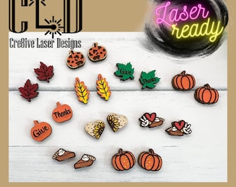 Fall pumpkins and Thanksgiving give thanks cute whimsical stud earrings laser ready file, pie earrings, leaves, peace love pie, sunflowers