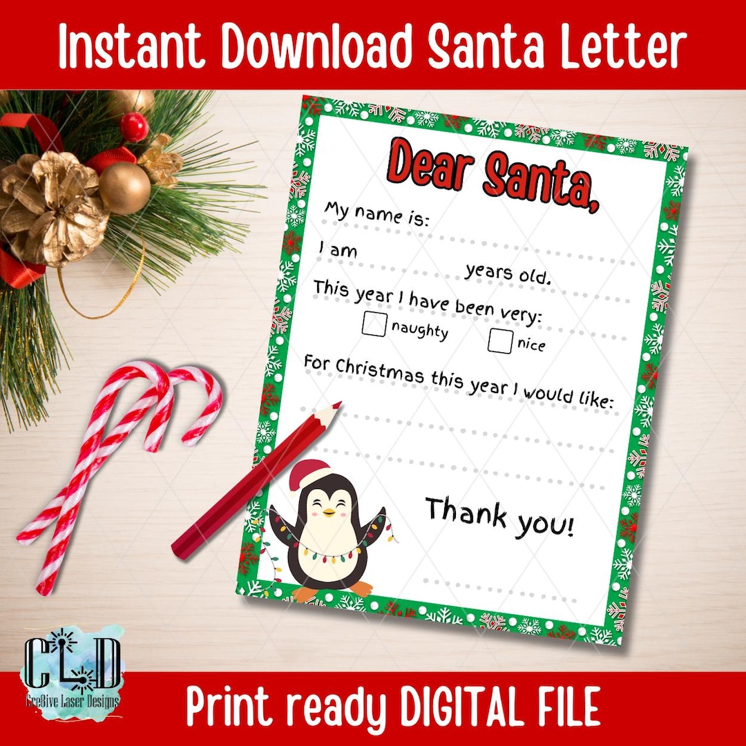 Printable Santa Claus Christmas List, Print at Home PDF Santa Letter