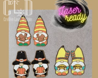 Whimsical Thanksgiving turkey gnomes dangle earrings laser ready file, GlowForge and Laser tested, Hanging, fall autumn, cute pilgrim