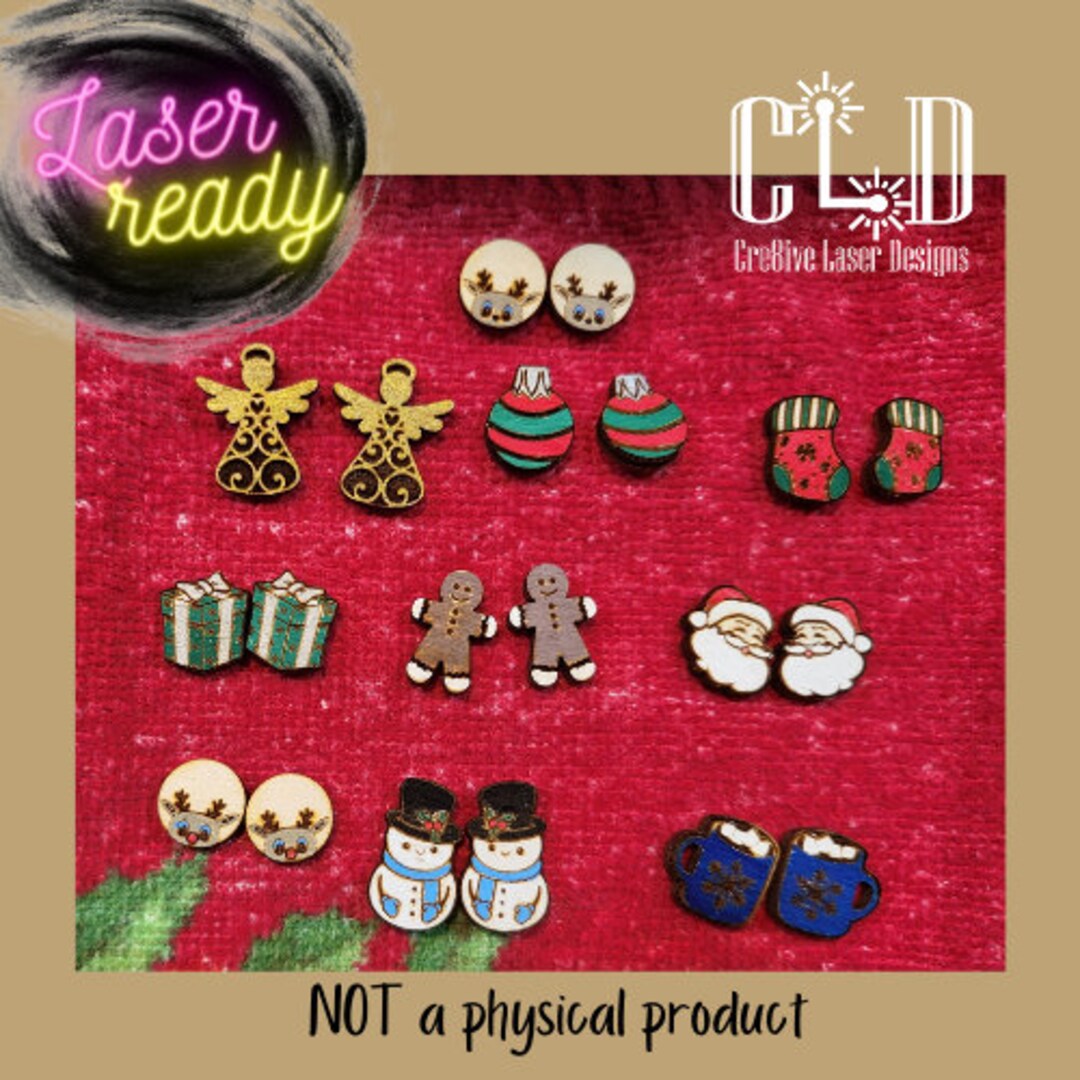 Christmas Stud Earrings Laser Ready File, Angels, Snowman, Reindeer
