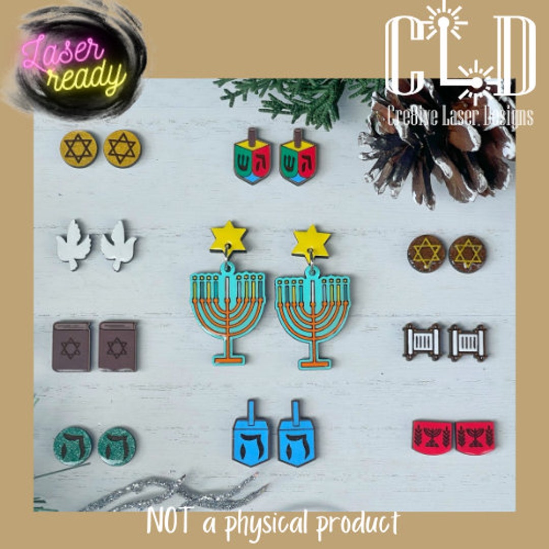 Hanukkah Stud Earrings Laser Ready File, Chai, Dreidel, Dove, Torah