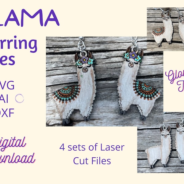 Llama Earrings Bundle, File for Glowforge or Laser Cutter, Diode Laser, Dangle Earrings, Wood Earring SVG File, cute, gift for girls