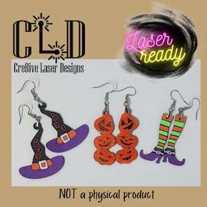 Halloween Witch & Pumpkins Laser Ready Files, Dangle Earrings, Wood Earring SVG, Glowforge, Halloween, Witch hat, legs, Jack-o-lantern, boo