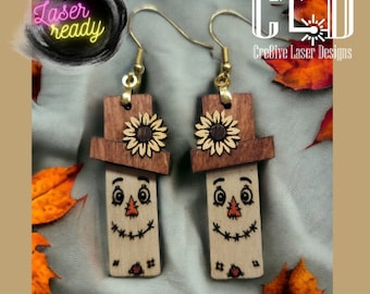 Cute whimsical scarecrow earrings laser ready file, 3D scarecrow with sunflower hat, fall autumn