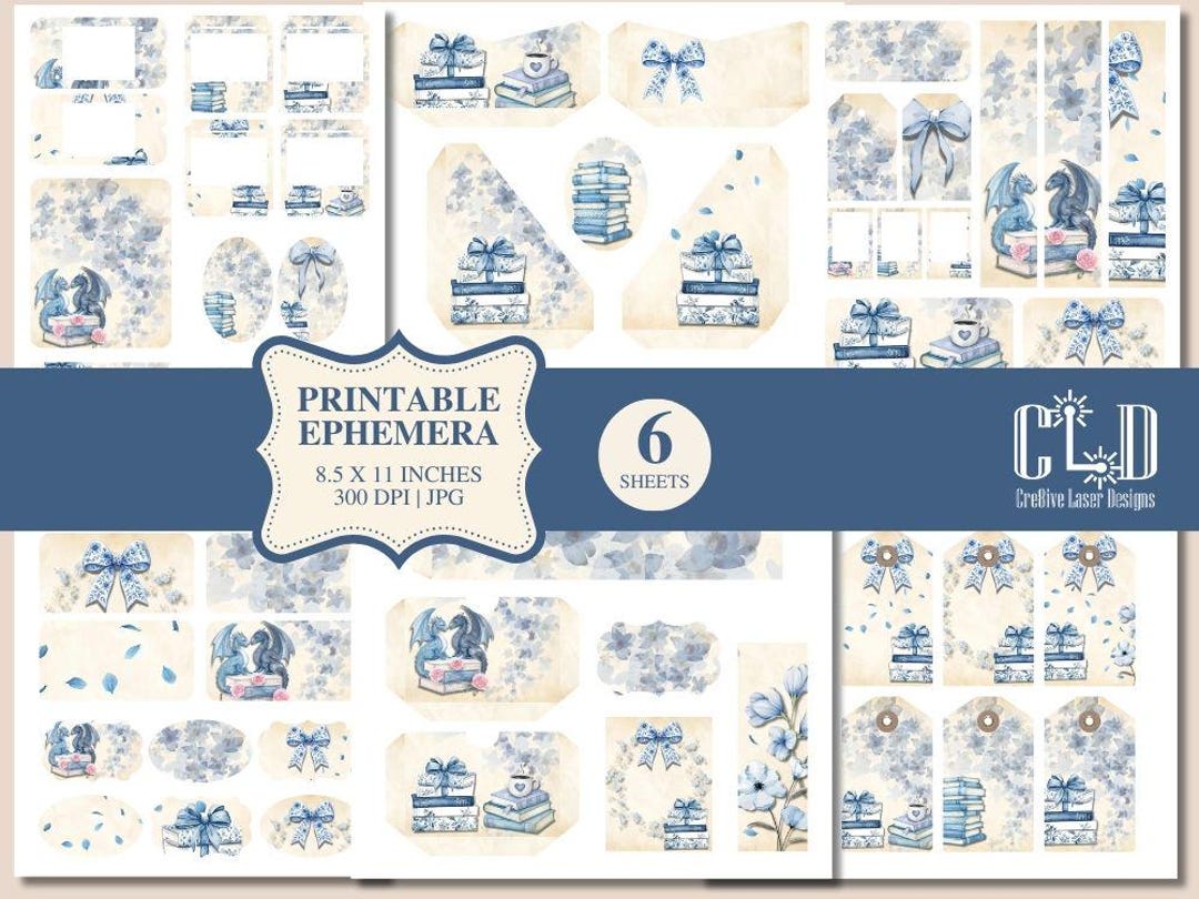 Blue Floral Bookish Junk Journal Ephemera Printable Tags, Labels ...