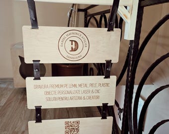 Custom Triple Hanging Wood Sign | Laser Engraved Business Branding Plaque, Leather Straps