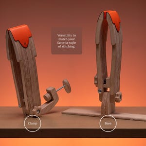 May include: Two wooden stitching ponies with orange leather accents at the top. One unit features a clamp mechanism, while the other is mounted on a flat base. Text on the image reads: Versatility to match your favorite style of stitching.