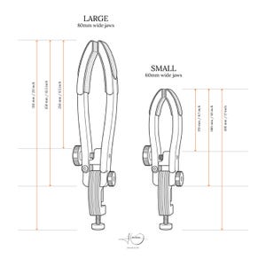 May include: A technical line drawing of two adjustable clamps labeled Large with 80mm wide jaws and Small with 60mm wide jaws. The diagram includes various measurements in millimeters and inches, such as 510 mm / 20 inch and 430 mm / 17 inch.