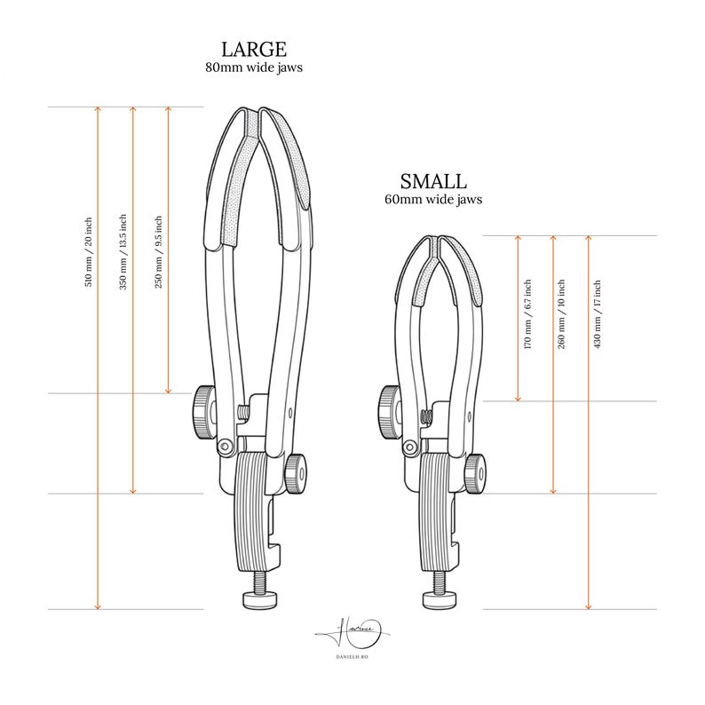 May include: A technical line drawing of two adjustable clamps labeled Large with 80mm wide jaws and Small with 60mm wide jaws. The diagram includes various measurements in millimeters and inches, such as 510 mm / 20 inch and 430 mm / 17 inch.
