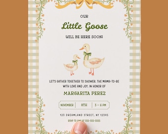 Baby Shower Invitation Template, Little Goose Baby Shower Theme, Editable Canva Template 5"x 7", Digital Download