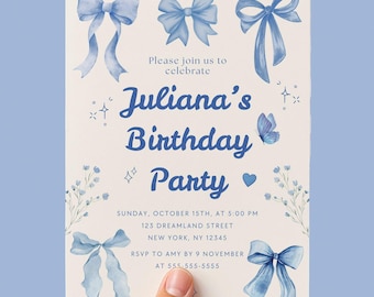 Blue Coquette Birthday Invitation, Blue Bow Theme Invitation, Milestone Party Editable Canva Template 5"x 7", Digital Download