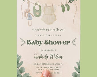 Baby Shower Invitation Template, Clothesline Theme, Editable Canva Template 5"x 7", Digital Download