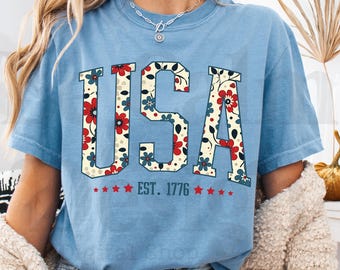 Retro Floral USA PNG: 4th of July Patriotic Design (Digital Download