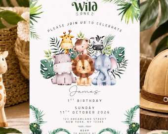 Wild One Safari First Birthday Invitation, Jungle Animal Birthday Template, Editable Canva Template 5"x7", Digital Download