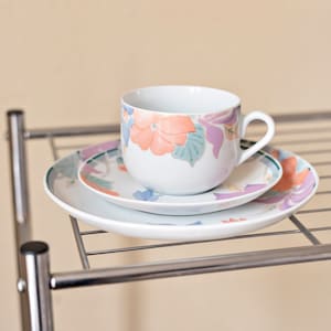 Aida 'Hawaii' Trio Set, Danish Design, Coffee cup, saucer and cake plate,  Scandinavian  Porcelain, 1990s