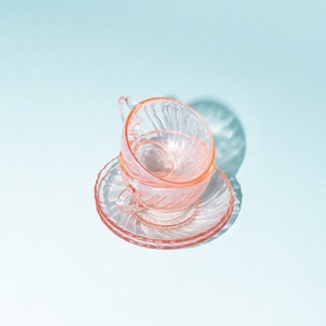 Set Of Two Arcoroc Pink Swirl Glass Espresso Cups And Saucers, French Design, 1980