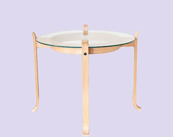 Glass Top Beech Side Table, Scandinavian Modern, 1990s