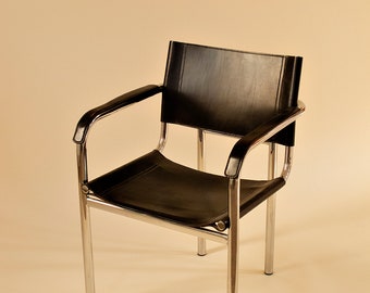 RESERVED Chrome Tabular Frame and Black Leather Armchair, Bauhaus,  70s