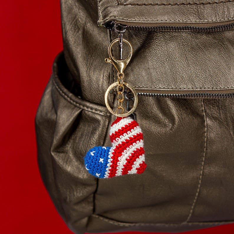 Crochet American Flag Heart Keychain, USA Flag Patriotic Keychain