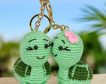 Couples Keychain Gift,Handmade Crochet Turtle Keychain, Adorable Green Turtle Bag Charm, Unique Animal Lover, Cute Amigurumi Turtle Keychain