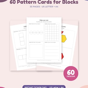 Puede incluir: Un conjunto de 60 tarjetas de patrones para bloques, presentado como un documento digital de 33 páginas en tamaños US Letter y A4. Las páginas muestran dibujos lineales, cuadrículas y formas geométricas en blanco y negro.
