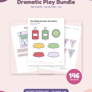 May include: A digital bundle titled Dramatic Play Bundle containing 163 pages in US Letter and A4 formats. The printable sheets feature colorful illustrations of food items like salsa, cheese, and lime, alongside pennant banners and shop signage.