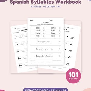 May include: A Spanish Syllables Workbook with 111 pages in US Letter and A4 formats. The cover displays educational worksheets featuring tracing exercises, syllable practice, and sentences like Paco come coco. A badge indicates 101 designs included.
