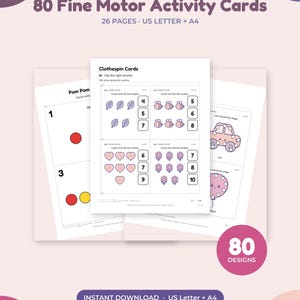 May include: A set of 80 fine motor activity cards featuring 26 pages in US Letter and A4 sizes. The printable sheets include counting tasks with illustrations of leaves, bees, hearts, and flowers, plus shape tracing activities for cars and balloons.