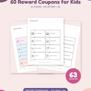 Puede incluir: Un conjunto de cupones de recompensa imprimibles para niños con 60 diseños en 24 páginas en formatos US Letter y A4. El documento incluye tarjetas rectangulares en blanco y negro con iconos de arte lineal y descripciones de actividades.
