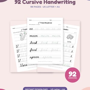 May include: A set of 92 cursive handwriting practice worksheets featuring US Letter and A4 formats. The pages include tracing exercises for letters, joins, and words like moon, book, food, and spoon, alongside a turtle illustration for letter t.