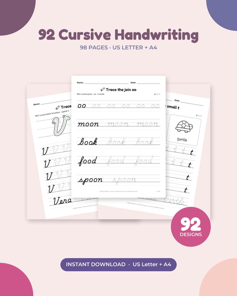92 Cursive Handwriting Practice Pages for Kids, Cute Letters, Joins, Words and Sentences, Print ...