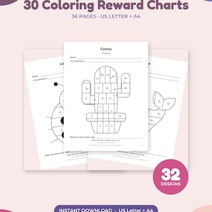 Puede incluir: Un conjunto de 30 tablas de recompensas para colorear con 36 páginas en tamaños US Letter y A4. Las tablas presentan diseños de líneas en blanco y negro, incluyendo un cactus con 25 espacios numerados, una mariquita y una ballena.